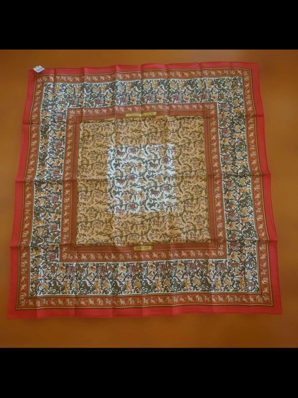 Hermes Floral Square Silk Scarf in Red, Tan, Cream